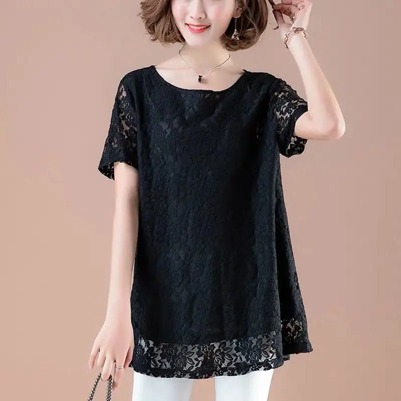 

Plus Size Lace Blouse Women Sexy Hollow Out Short Sleeve Solid Blouses Lady Elegant Floral Embroidery Elastic Shirt Tops Y639