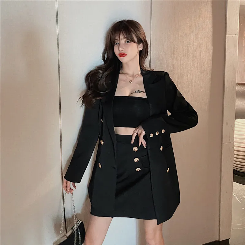 

2pcs Elegant Lady Fashion Coat Tops High Waist Midi Skirts Women Korean Style Club Bar Suit Jackets Casual Party Uniform Set