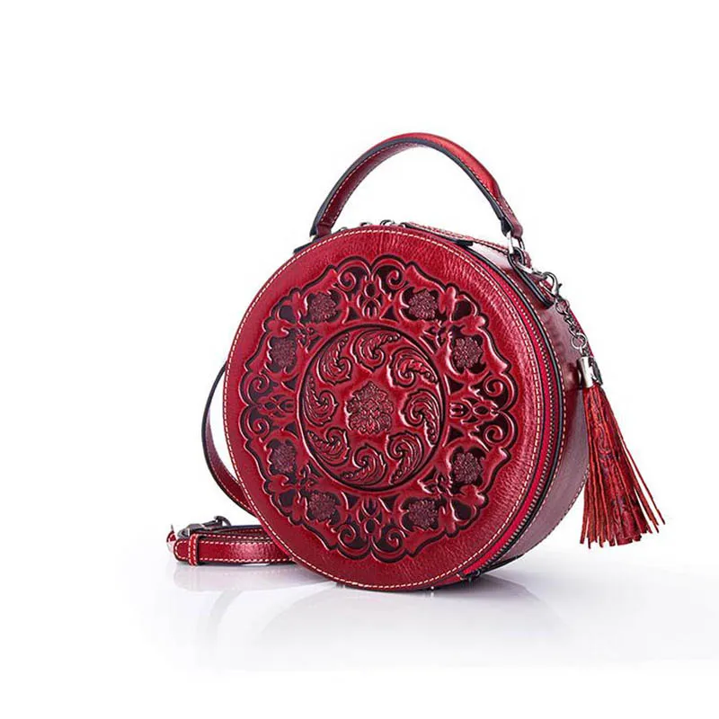 

2021 New Trendy Round Bag Jurchen Cowhide retro one-shoulder messenger female bag luxury handbag famous brand small round bag