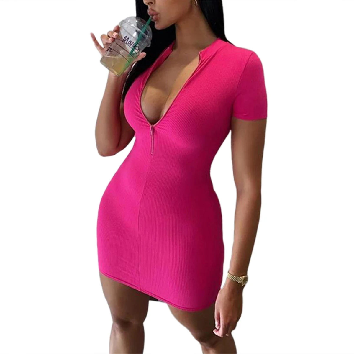 Летнее женское Ребристое платье с запахом офисное Дамское Платье на молнии v