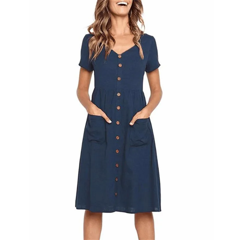 

Women Newest Casual a Line Dress Sexy v Neck Solid Polyester Summer Dresses Women Knee Length Dress Pockets Elegant Beach Dress