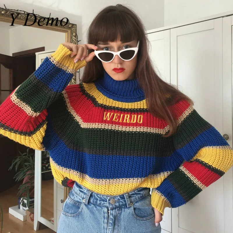 Y Demo Повседневный цветной свитер в полоску Женский вязаный пуловер с высоким