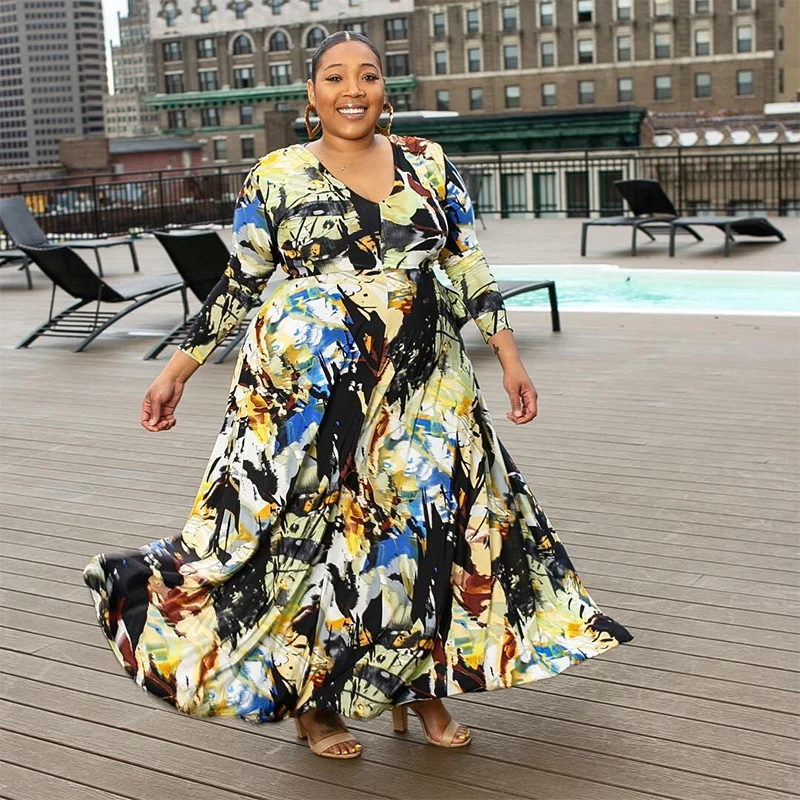 

Plus Size African Dress For Women Printed European Loose V-Neck Clothes Dashiki Ladies Long Sleeve Afternoon Party Wear DT2798