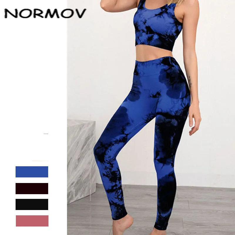 

NORMOV Workout Women Sets Fitness Backless Bras And High Waist Push Up Trousers Suit Tie Dye Print Mujer Sets