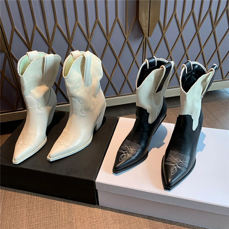 

Denim Genuine Leather Patchwork Boots Women Sexy Pointed Toe Sewing Mid-calf Boots Med Heel Winter Runway Botas Mujer