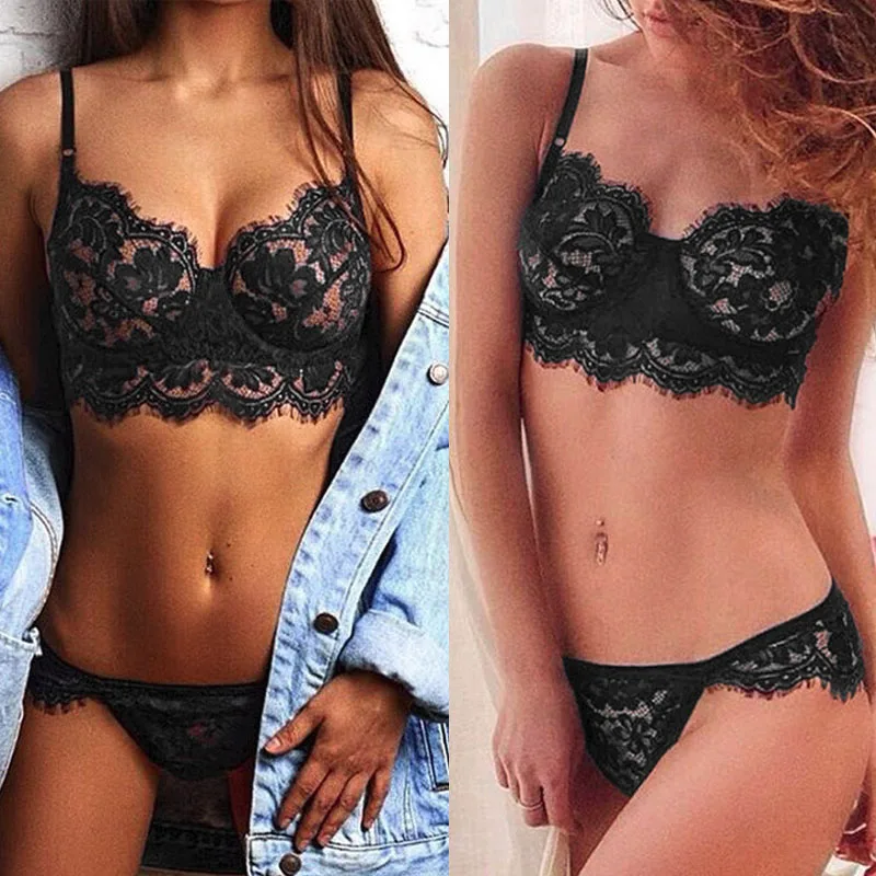 

Women Sexy Lace Lingerie Set Transparent Erotic Bra Thong Push Up Underwear Suit Aparel Lenceria Femenina Nightwear