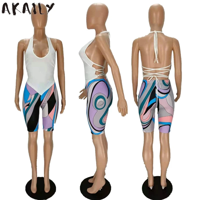 

Akaily Summer Solid Halter Backless Bandage Crop Top Patchwork Shorts Sets Womens Streetwear Casual 2 Two Piece Sets Female 2021