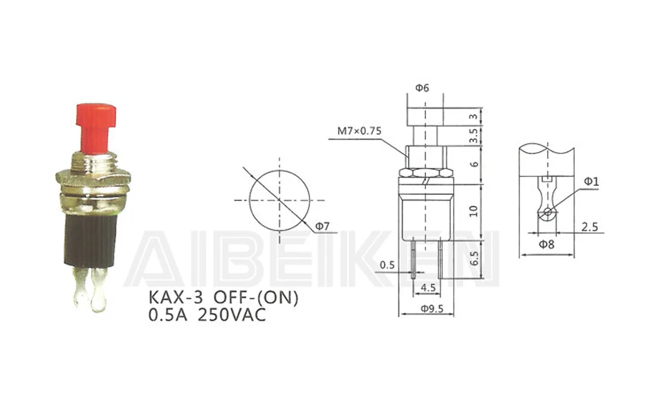 NS103 IP40 KAX-3 0.5A 12VDC ~ 250VAC красный маленький Выкл-(ВКЛ) кнопочный переключатель |