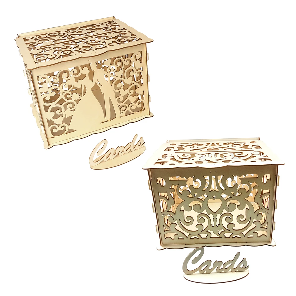 

1Pcs Gold DIY Wooden Creative Gift Card Box Wedding Supplies Hollow Wedding Reception Greeting Card Box Party Decorations Case