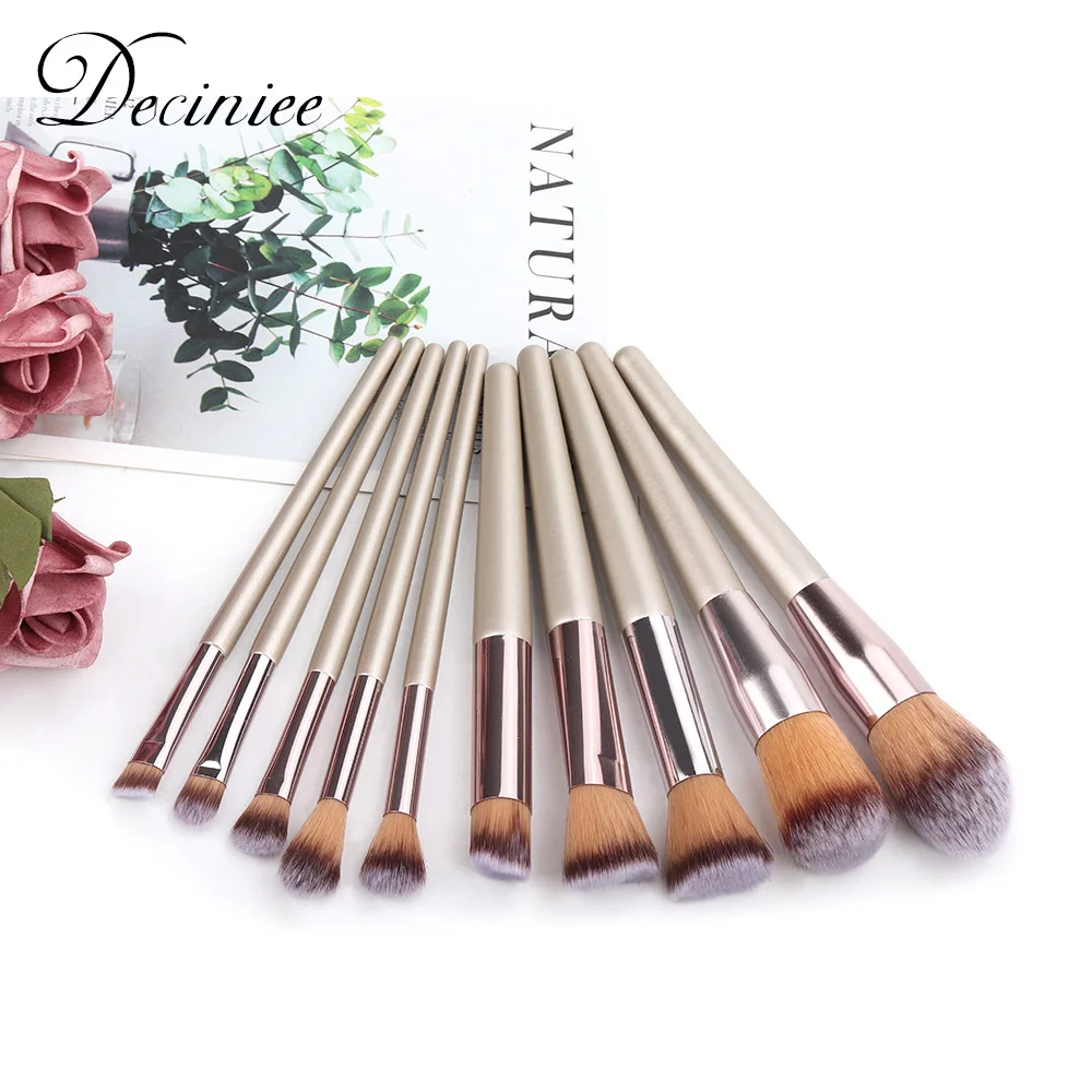

10 Pcs Makeup Brush Set Premium Synthetic Contour Concealers Foundation Powder Eye Shadows with Champagne Gold Conical Handle