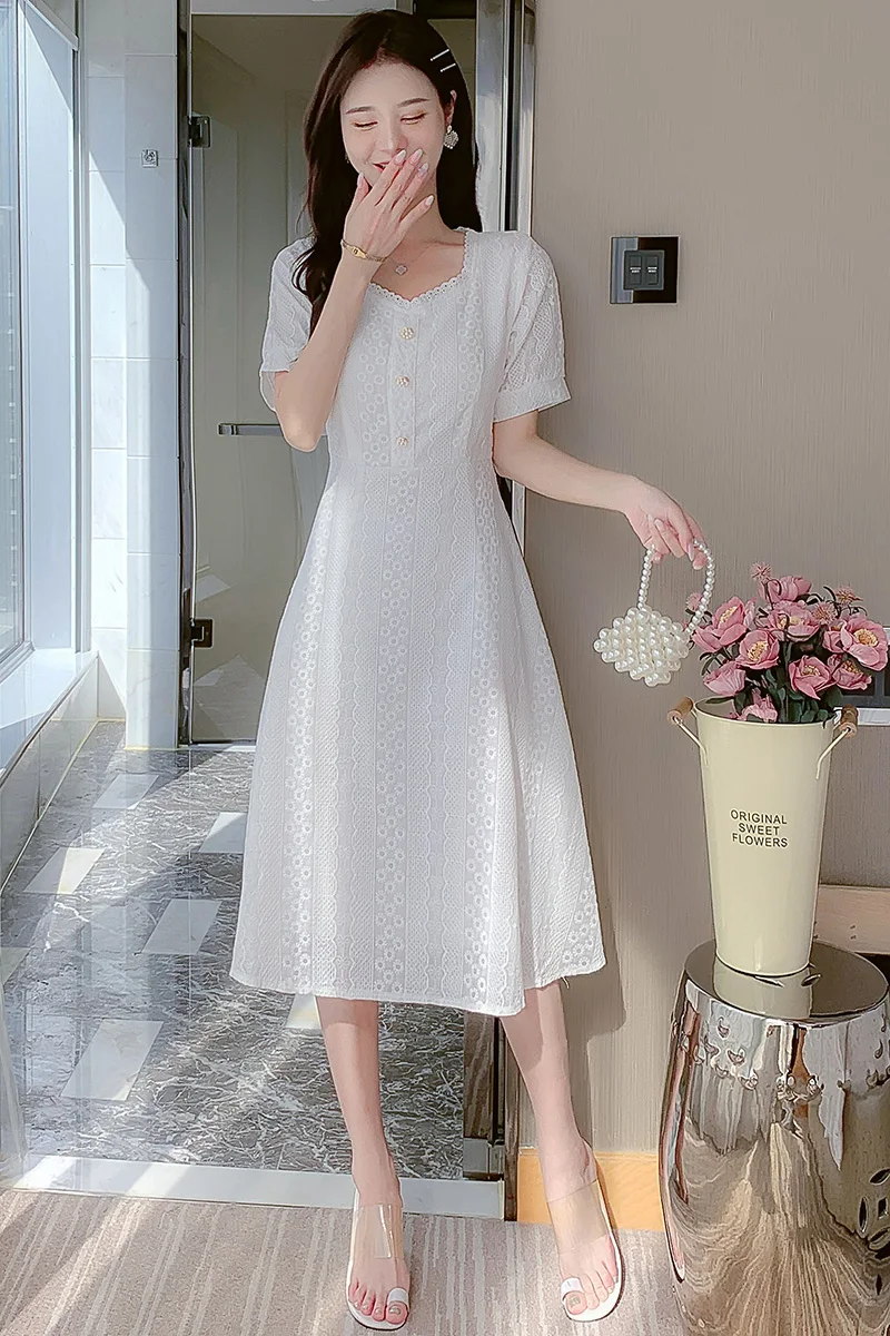

COIGARSAM Cute Short Sleeve Women dress Embroidery High Waist Hole Dresses White 8696