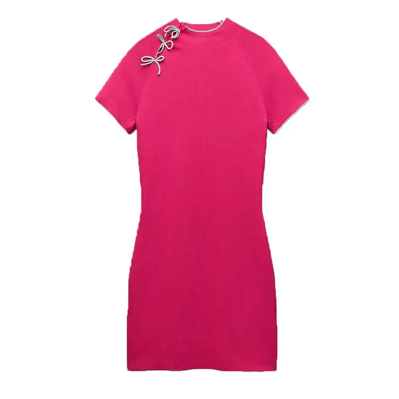 

ZA Summer Women Knitted Dress 2021 Bow Solid O-Neck Casual Pleated Party Vestido Elegant Short Sleeve Mini Fashion Girl Outfits