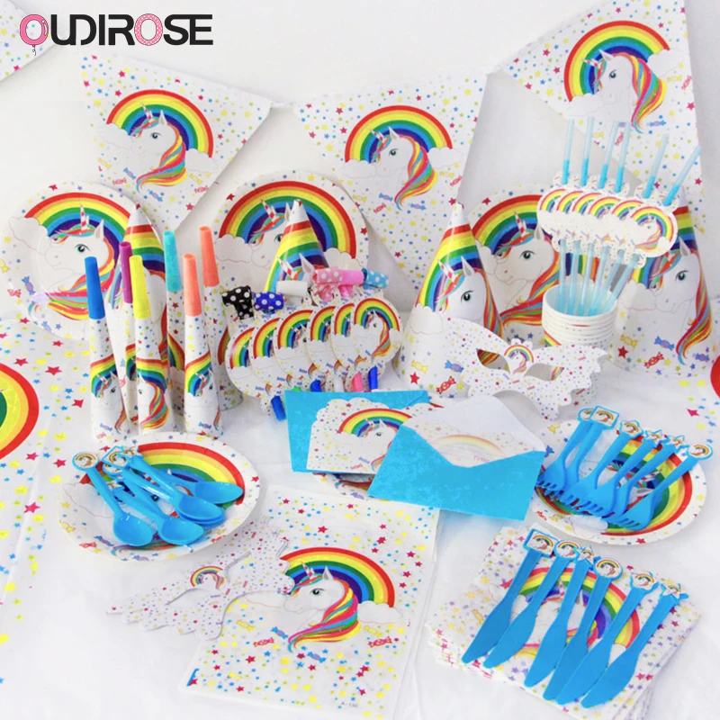 Единорог День Рождения украшения Дети одноразовые набор посуды салфетки торт
