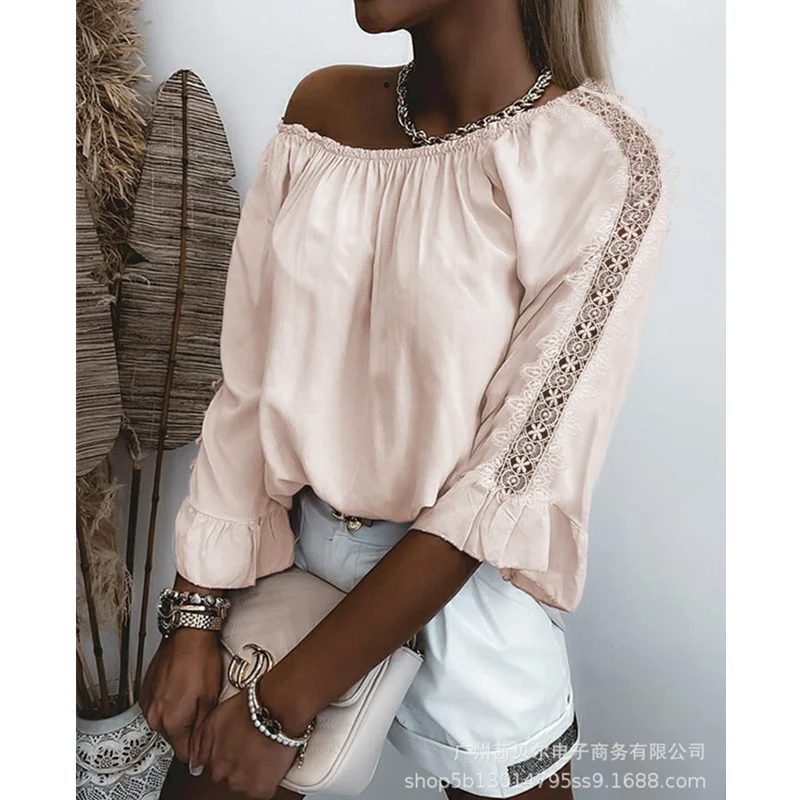 

Mandylandy Women's Elegant Lace Patchwork Hollow Out Shirt Top Lady Casual Fashion Half Sleeve O Neck Loose T-shirt