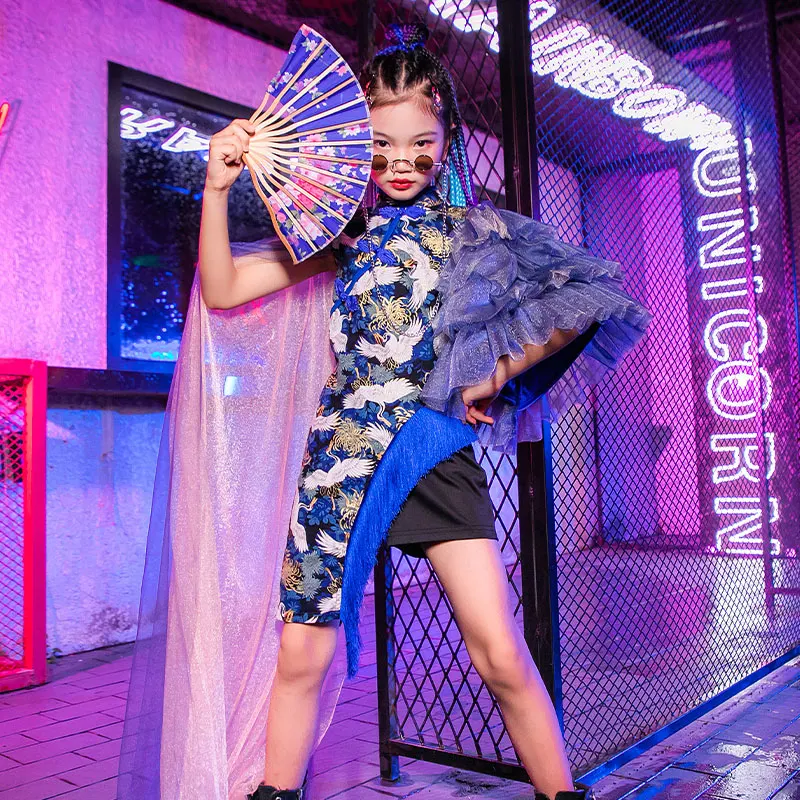 

Girls Jazz Dance Costumes Chinese Elegant Gauze Sleeve Catwalk Show Stage Clothing Kids HipHop Street Dance Fringe Dress DQL6152