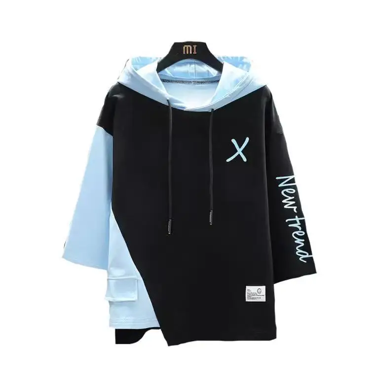 

Three-Quarter Length Sleeves Short Sleeves T-shirt Men's 2021 New Ins European and American Fashion Brand Hooded Sweater