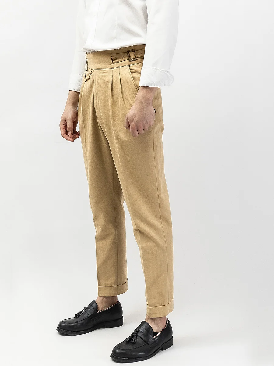 American Khaki Gurkha Men's Military Casual Pants Double Pleated Pocket Design Overalls Fishbone Slim Trousers Vintage