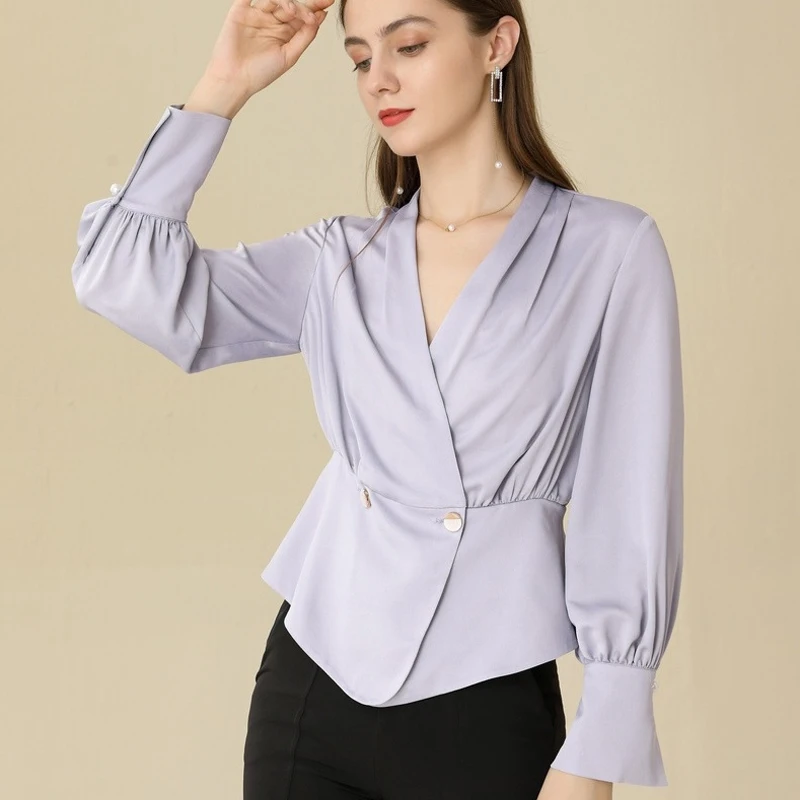 

Blouse 2020 Autumn Solid Color Long Sleeve V Neck Chiffon Shirt Stylish Elegant And Fitted Business Lady's Blouse Georgette