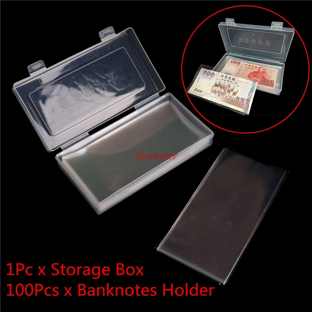 

Hot 100pcs Money Page Of Paper Money Coin Album Coin Money Holders Transparent PVC Paper Money Banknotes With One Box
