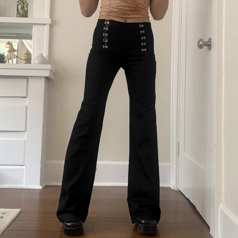 

WeiYao Vintage Goth Black Pants Streetwear Punk Metal Button Up Skinny Cargo Pants High Waist Grunge Dark Academia Trousers