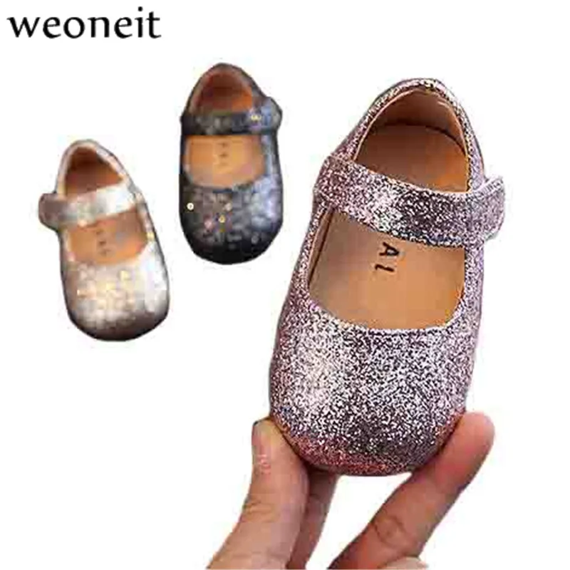 Weoneit Детские туфли для девочек с блестками Черный Золотой Розовый Мягкие Первые шаги Ходунки Дети Первый ходок Отправка вниз.