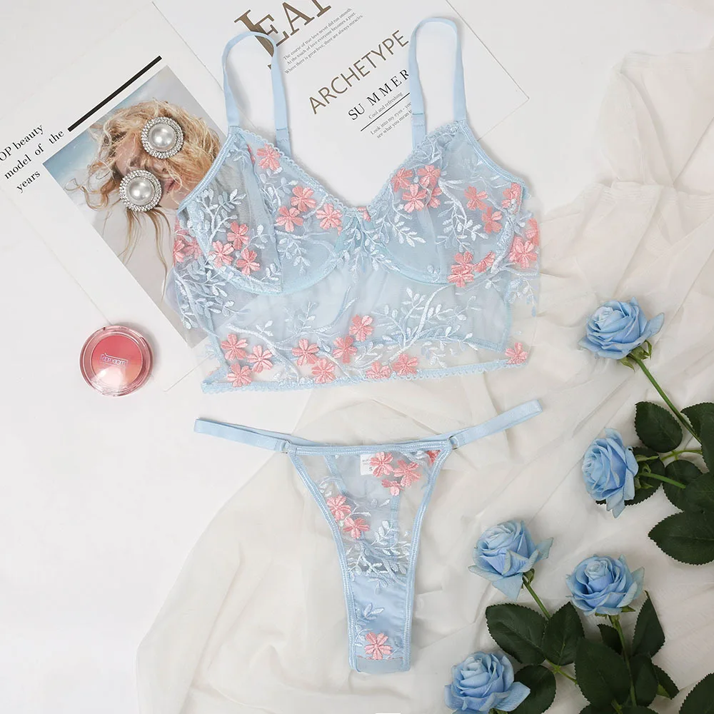 

European and American sexy cute girls embroidered mesh see-through sexy lingerie set sky blue