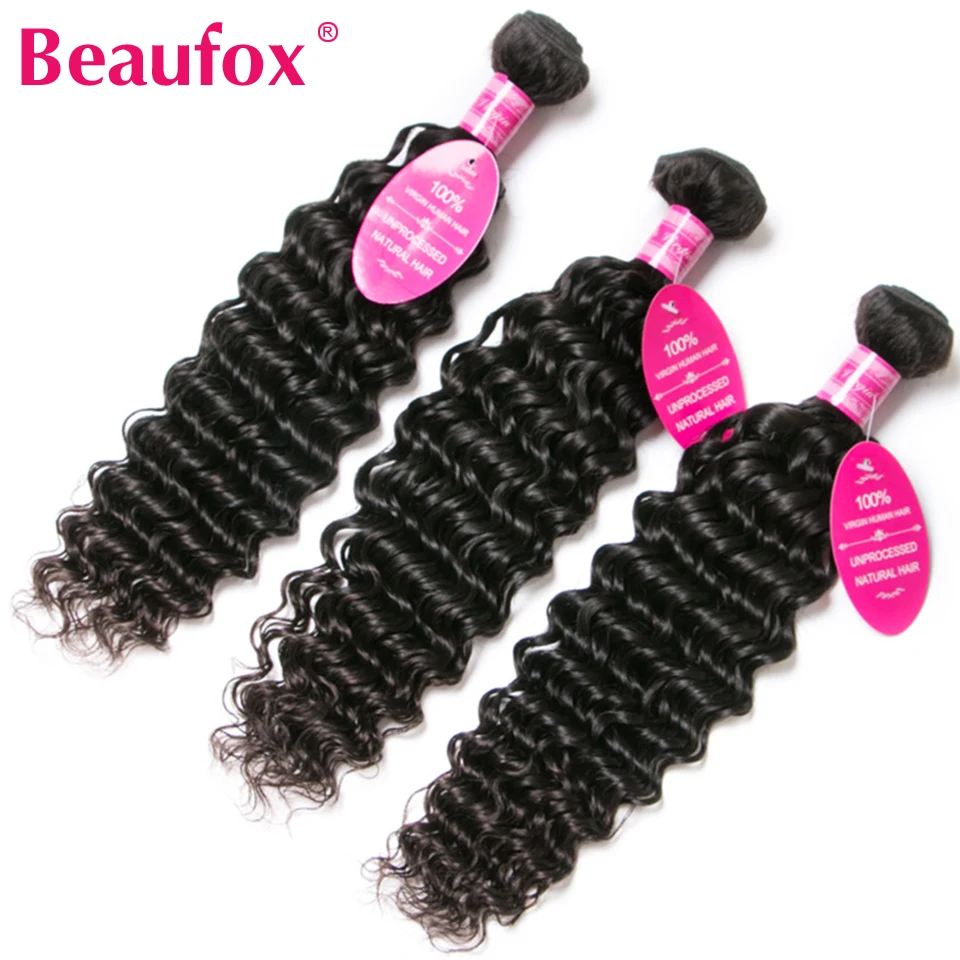 Beaufox индийские пучки глубоких волн 3 шт./лот 100% Человеческие волосы Remy 8 28 дюймов