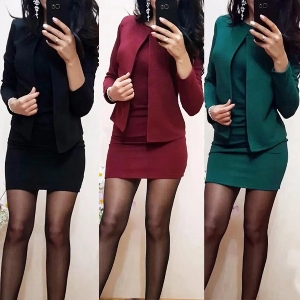 

Solid Color Formal Suits Womens Sexy Sheath O-Neck Mini Dress Casual Coat Two Pieces 2019 New Fashion Sets blazer Sheath Dress