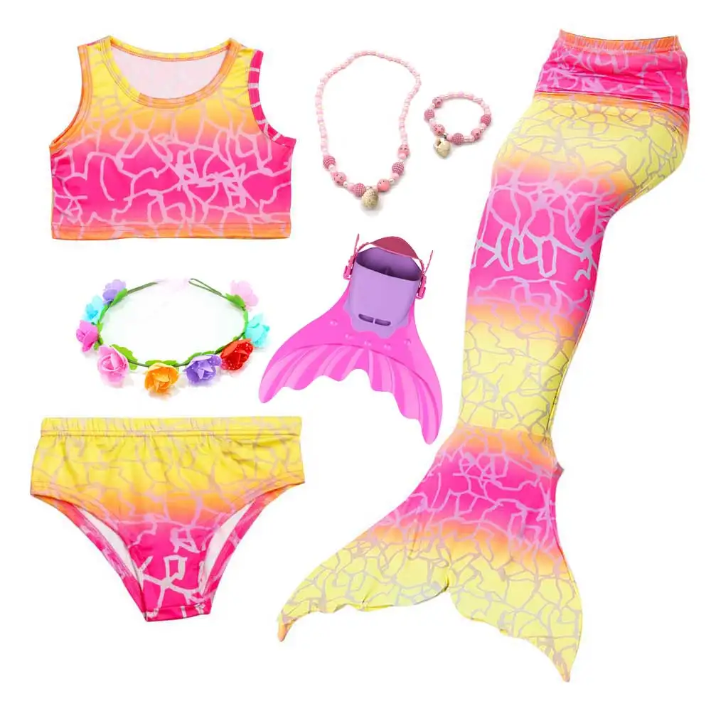 7pcs Mermaid Set 4 Дизайн; Костюм Русалки для девочек; купальный костюм или вечерние костюмы для косплея; красивое желтое бикини и хвост русалки для плавания - Цвет: 7pcs Mermaid Set 4