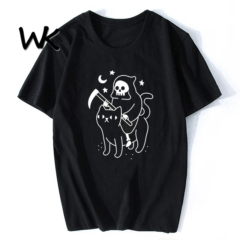 

WK Death Rides A Black Cat Reaper Funny Vintage Men Horror Skull T-Shirt Harajuku Streetwear Funny Vogue Aesthetic Cotton Tshirt