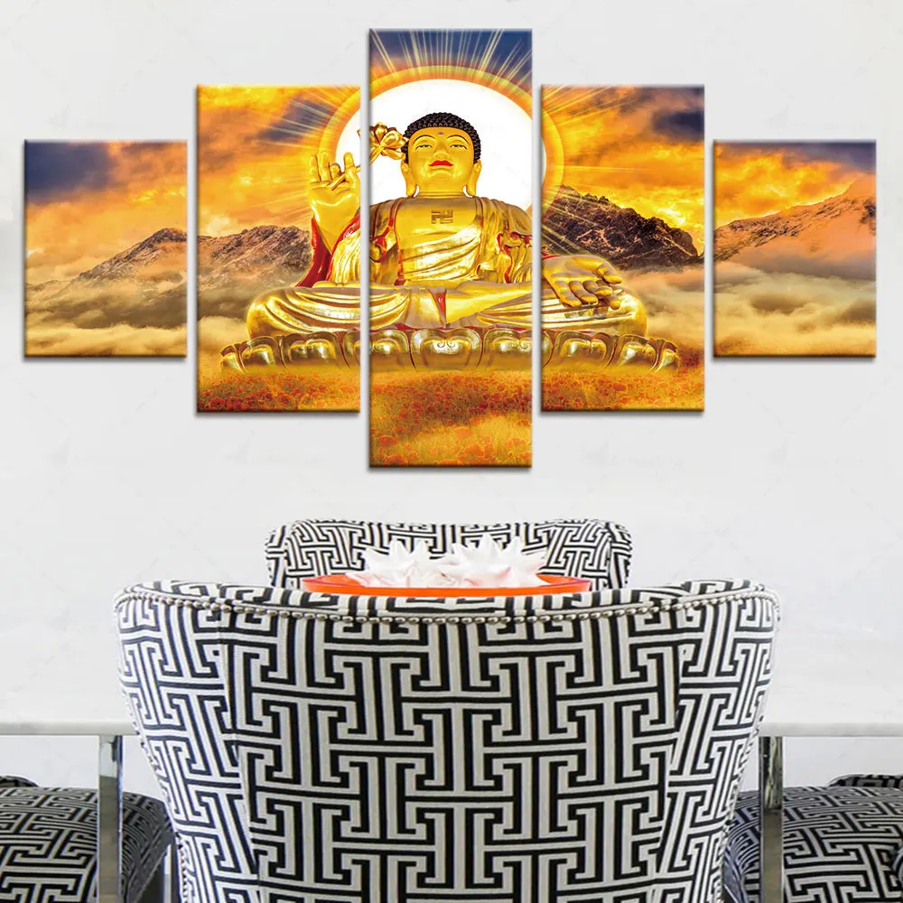 

Artsailing HD Printed 5 Piece Canvas Art Golden Buddha Statue Painting Framed Modular Wall Picture for Living Room Free Shipping