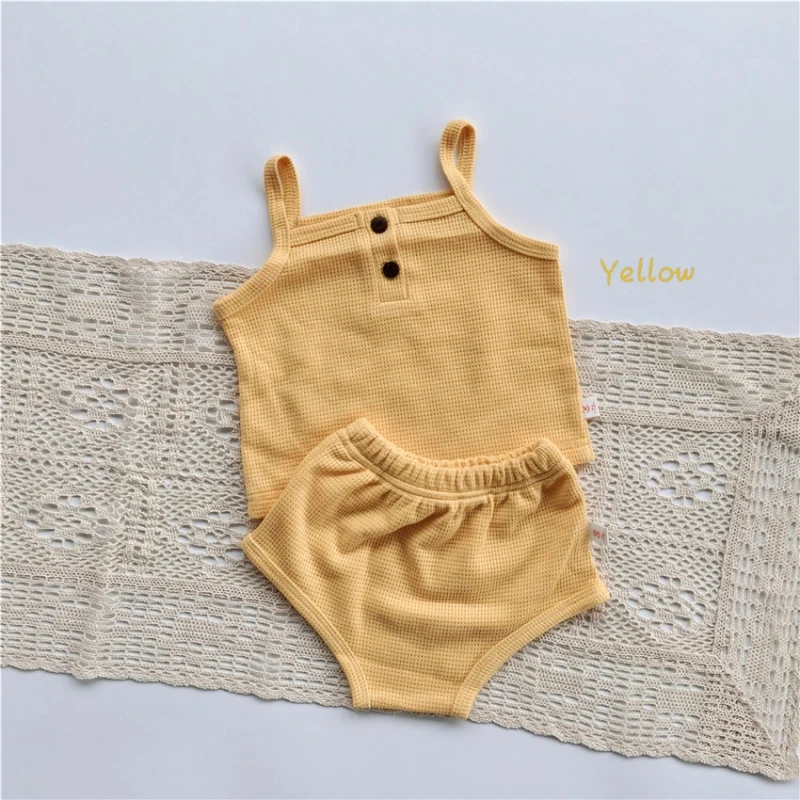 

Baby Fashion Candy Color Camisole Triangle Bread Shorts Two-piece Suit 2021 Summer Cotton T Shirt Outfit 3-30M