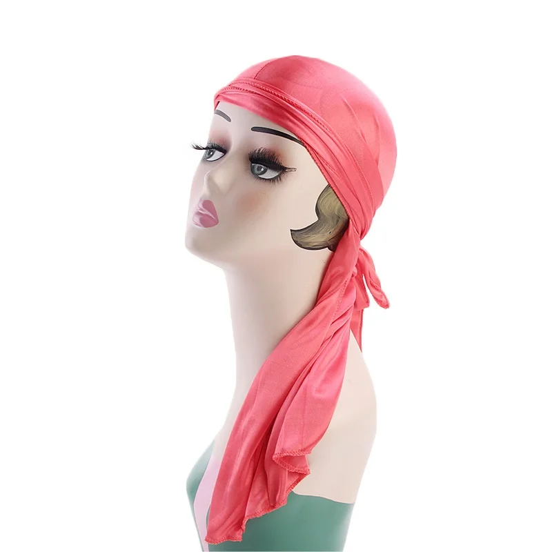 Унисекс Durag тюрбан длинный шелковый атлас дышащая шляпы парики шелковистые Кепка