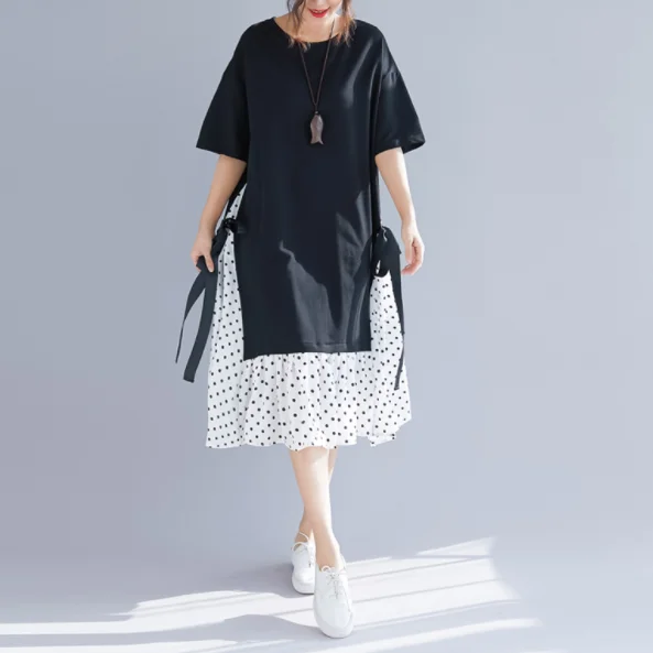 Женское платье большого размера свободные платья в горошек со шнуровкой новинка