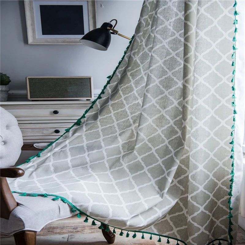 

Geometric Green Tassel Curtains Cotton Semi-shading Window Treatment Bedroom Living Room Home Curtain Windows Pastoral Decor