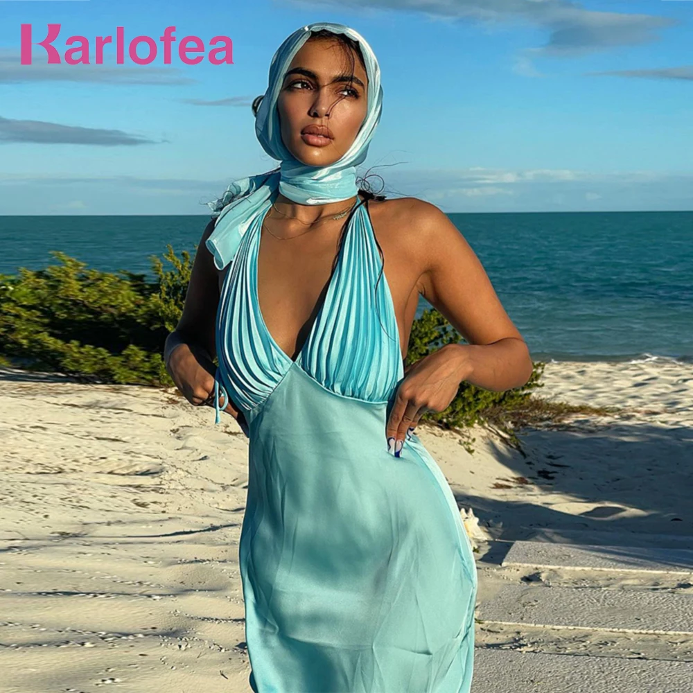 

Karlofea Sexy Halter Blue Midi Dress 2021 For Women Fashion Silk Satin Beach Vacation Party Outfits Clothing y2k Summer Dresses