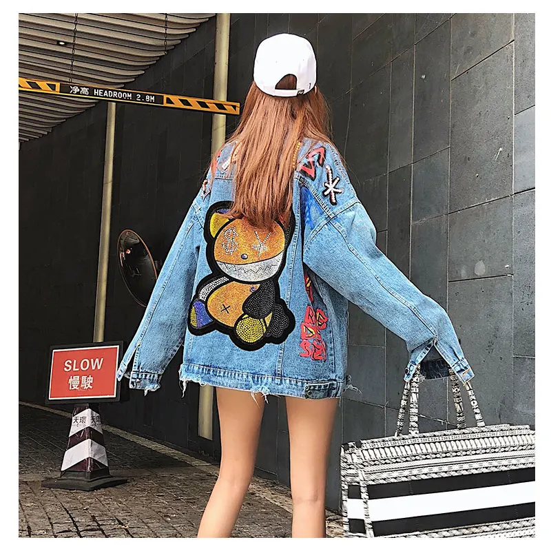 

Women's Funny Bear Pattern Diamonds Denim Coats and Jackets,BF Style Loose Havey Decor Oversize Jean Jacket Street Style Clothes