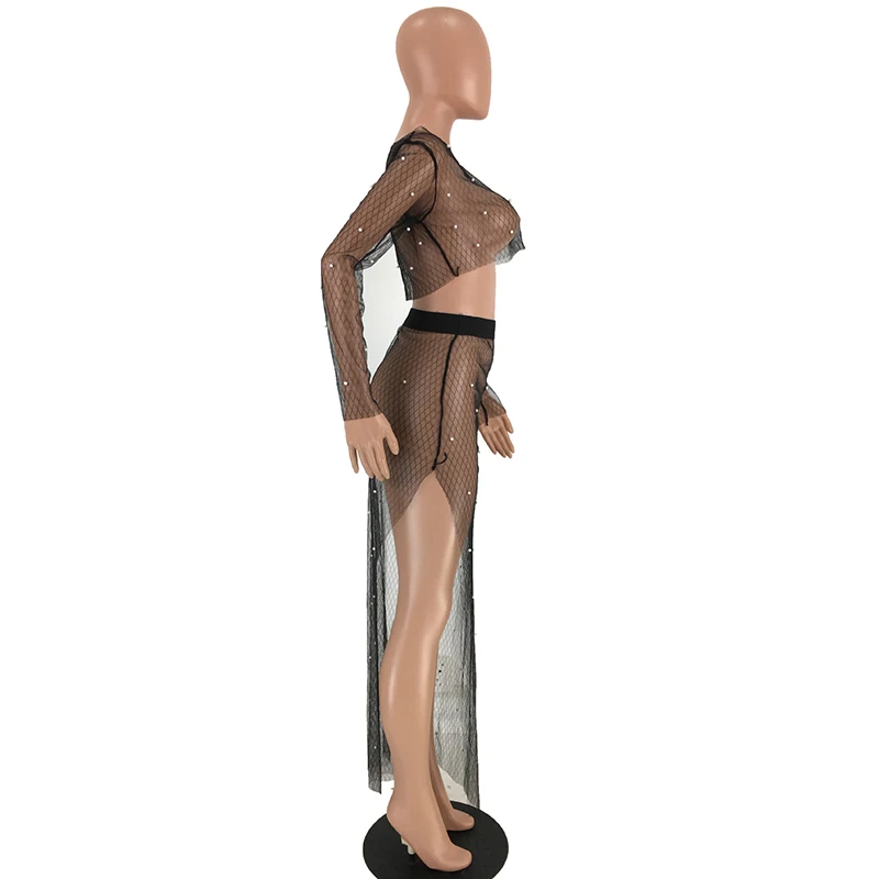 Сетчатый прозрачный топ из двух Женский комплект 2 шт. с блестящими стразами и