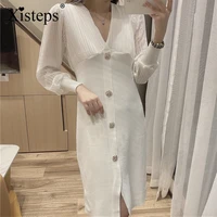 xisteps knitted patchwork women long dress solid black white button sexy v neck pleated elegant party dresses new 2020 autumn