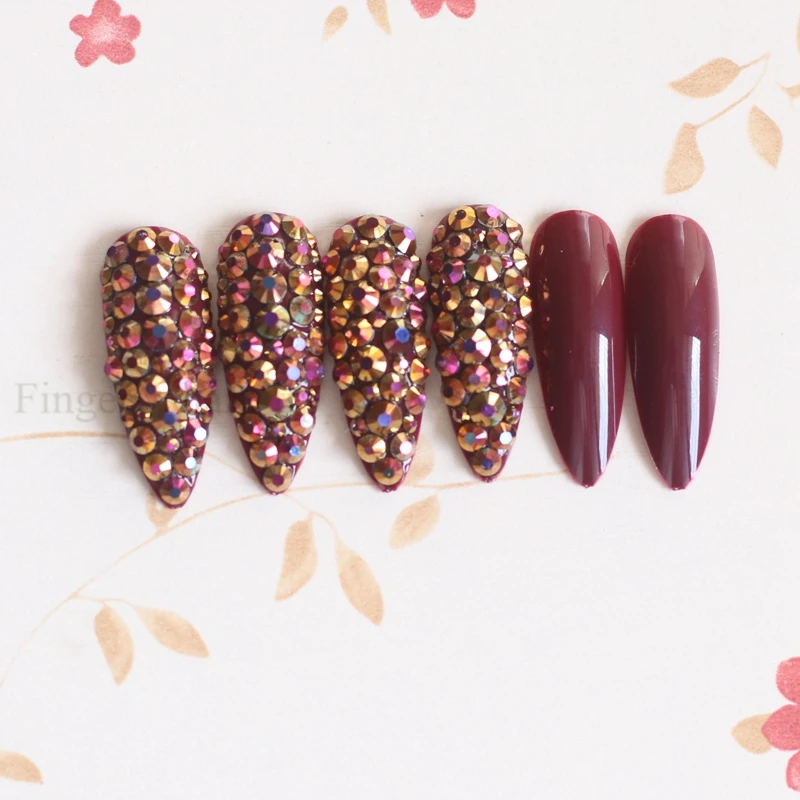 New Extra long pointed oval fake nails slim art salon nail crystal diamond nail Vampire color
