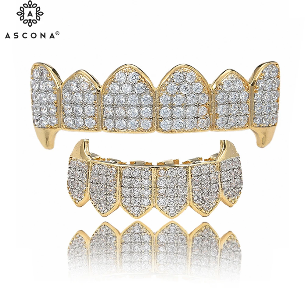 

Ice Out Hip Hop Grillz Set For Man and Women Bling Cz Zirco Grills Tooth Punk Mouth Dental Vampire Cosplay Party Rapper Jewelry