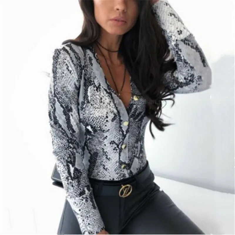 

Женская облегающая блузка, с длинным рукавом, с V-образным вырезом, змеиным леопардовым принтом, осенняя