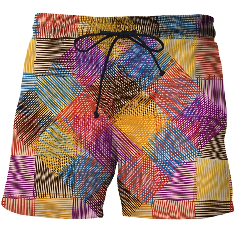 printed 3d beach pants Mens Swim Shorts Surf Wear 3d Abstract sketch grid pattern harajuku Streetwear beach shorts board shorts