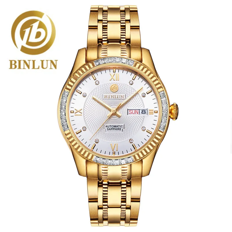 BINLUN Mens Watches Men's automatic Skeleton Watch 18k Golden Luxury Mechanical Stainless Steel Calendar Waterproof wristwatches