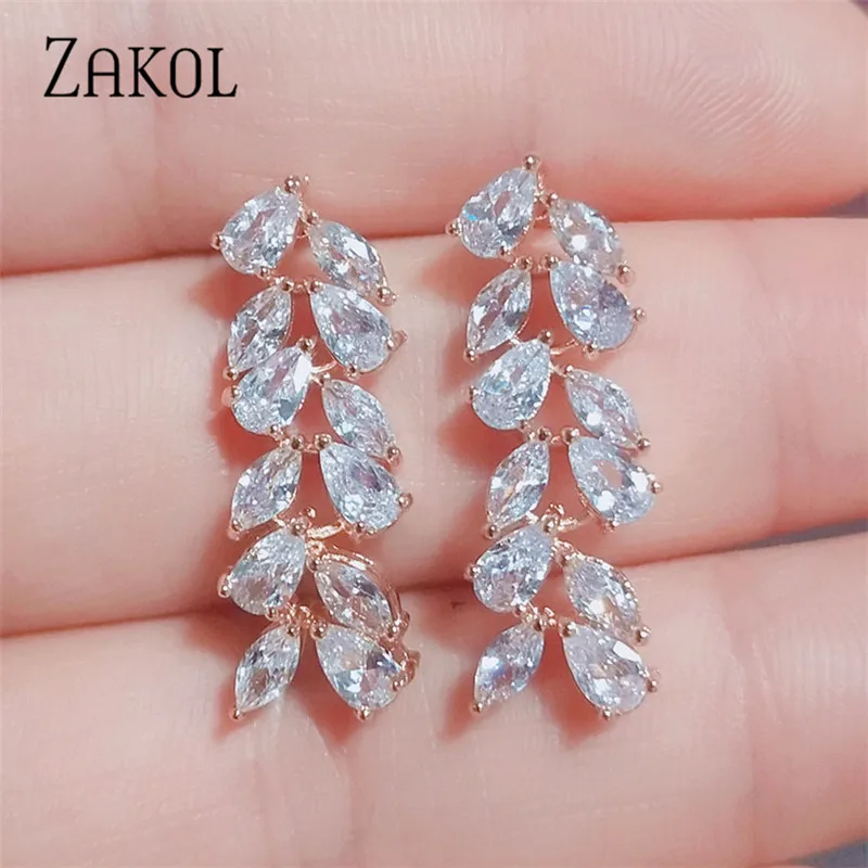 ZAKOL блестящие кубические циркониевые листья Длинные элегантные свадебные