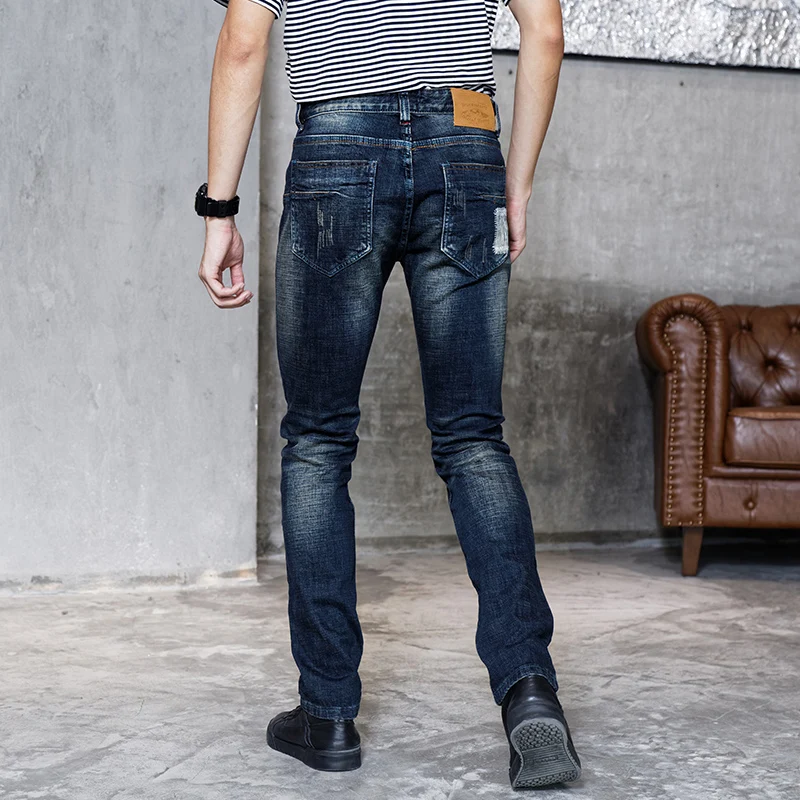 

Italian Style Fashion Men Jeans High Quality Retro Dark Blue Slim Fit Ripped Long Pants Patches Designer Vintage Denim Trousers