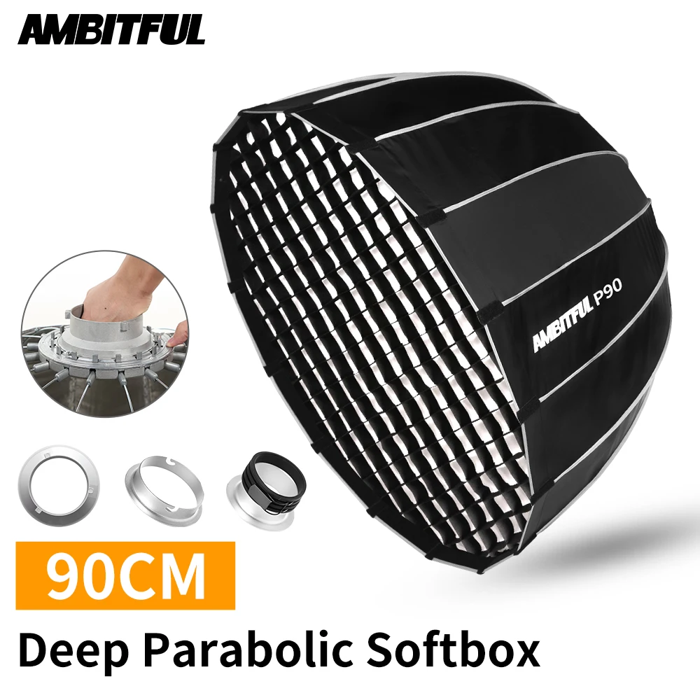 Параболический глубокий софтбокс AMBITFUL P90 быстросъемный + сотовая сетка для Bowens
