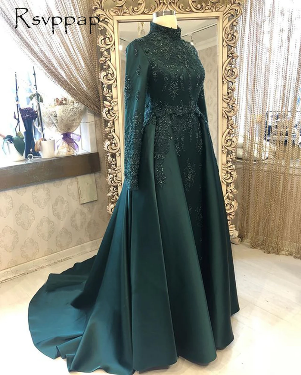 Vestido de noche largo musulmán para mujer, ropa Formal de cuello alto, manga larga, bordado con cuentas, verde esmeralda, Dubái, tren desmontable, 2022