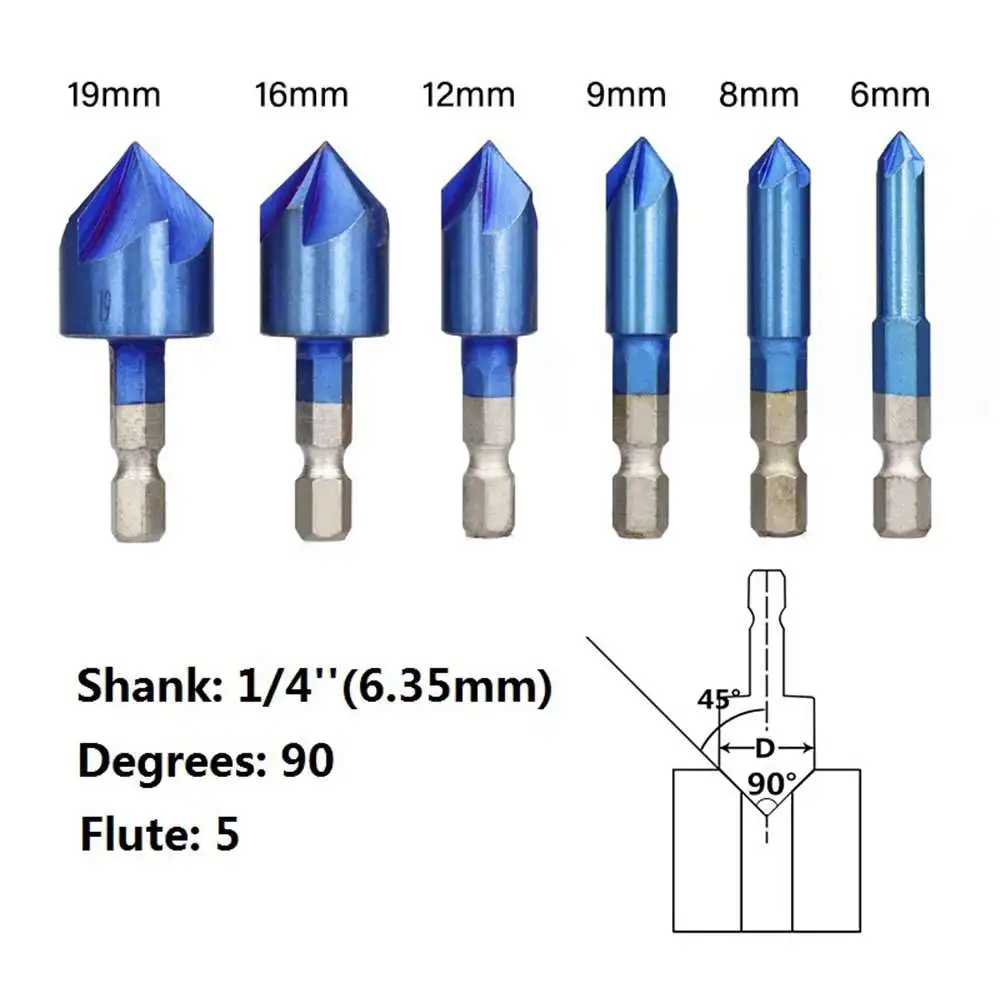 

6pcs Blue Coating 90 Degree Five-Blade Chamfering Tool With Hexagon Handle 6-19mm Supplies