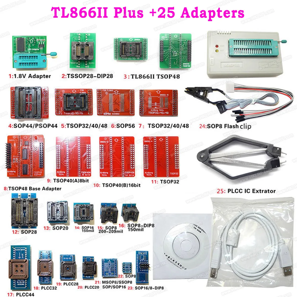 Minipro TL866II плюс USB Универсальный программатор поддержка NAND Flash AVR MCU GAL PIC SPI+ 25 Адаптеры с Зажим для экстрактора